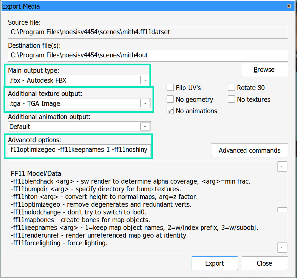 Noesis export options