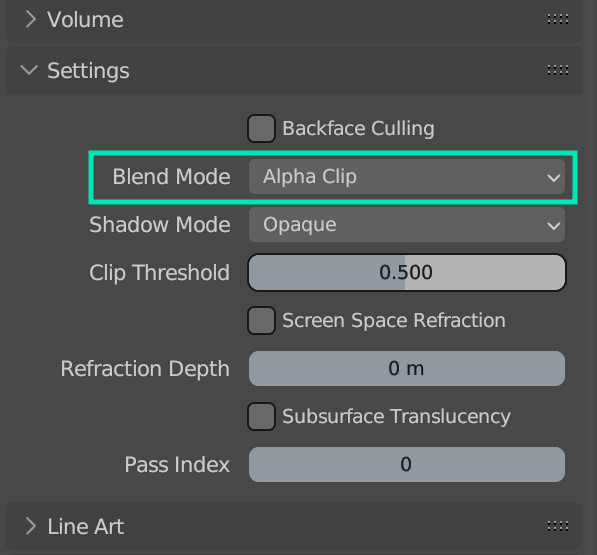 Blender material alpha blend mode settings
