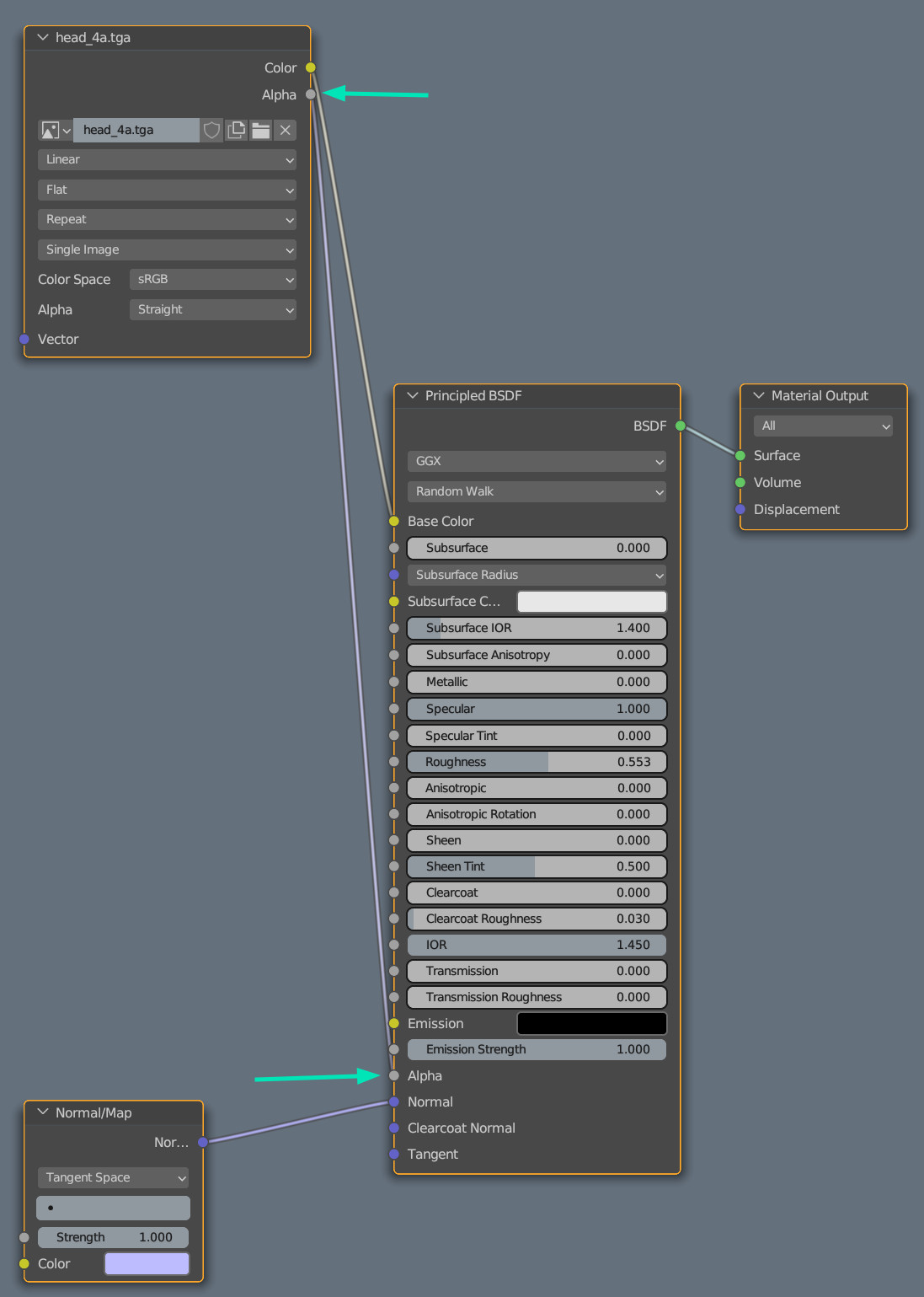 Blender node editor for connecting alpha nodes