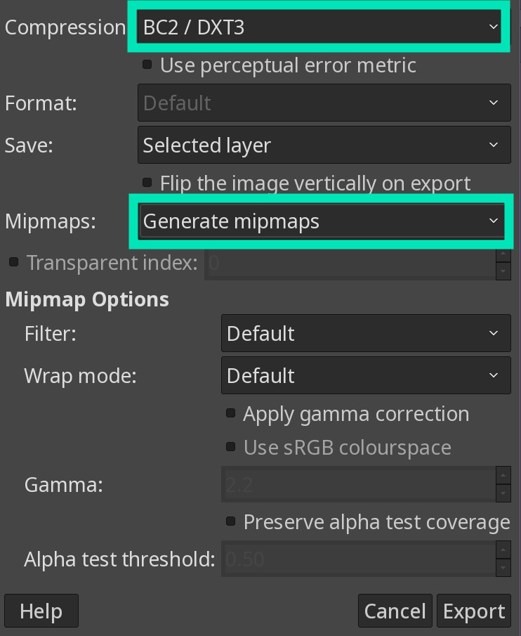 GIMP DDS export settings for FFXI
